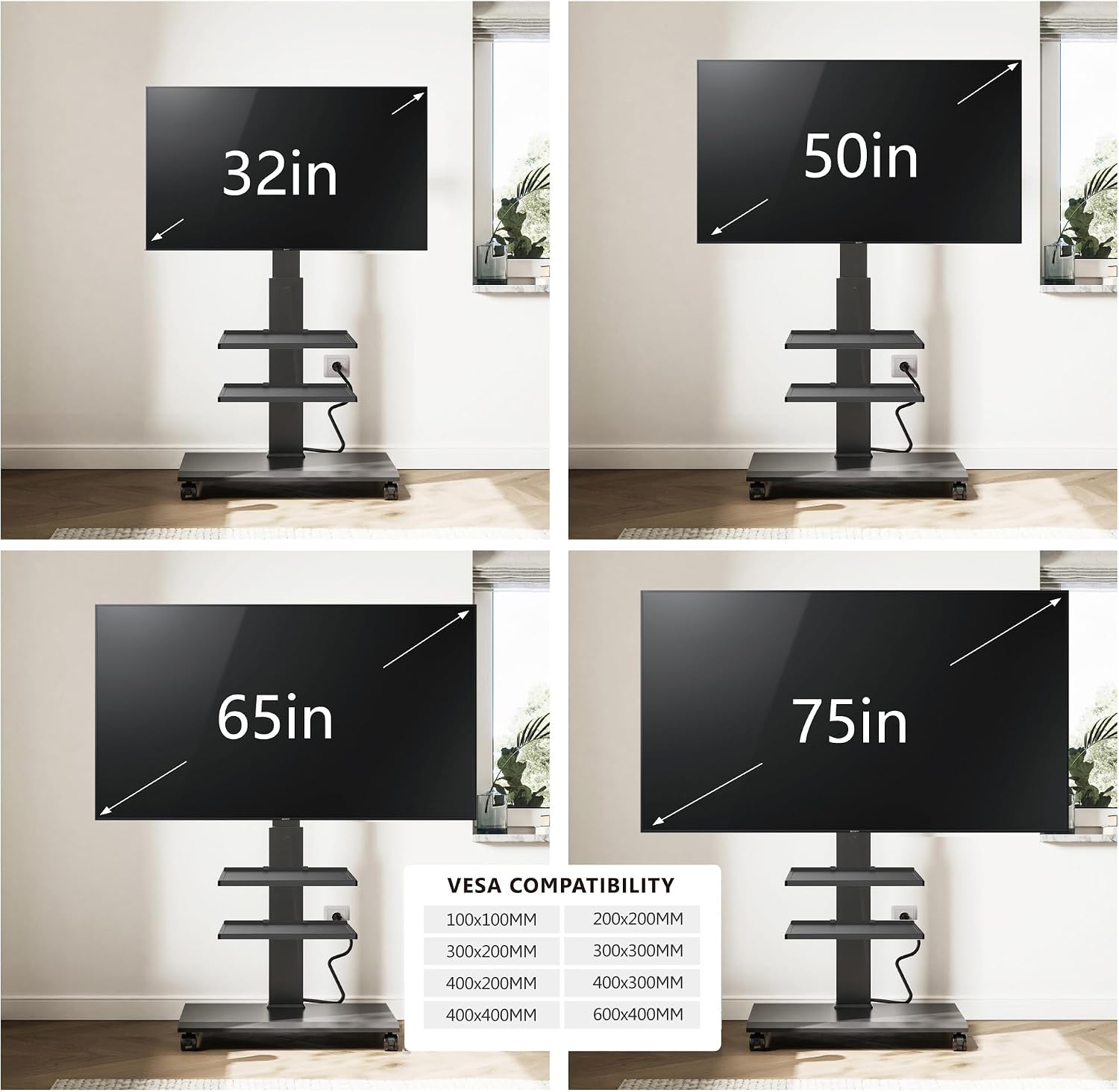 FITUEYES Rolling TV Stand for 32-75 Inch TVs, Portable Mobile TV Stand on Wheels with Power Outlet, Height Adjustable Rotating Floor TV Stands with Swivel Mount and Metal Base Hold Up to 88 Lbs, Black