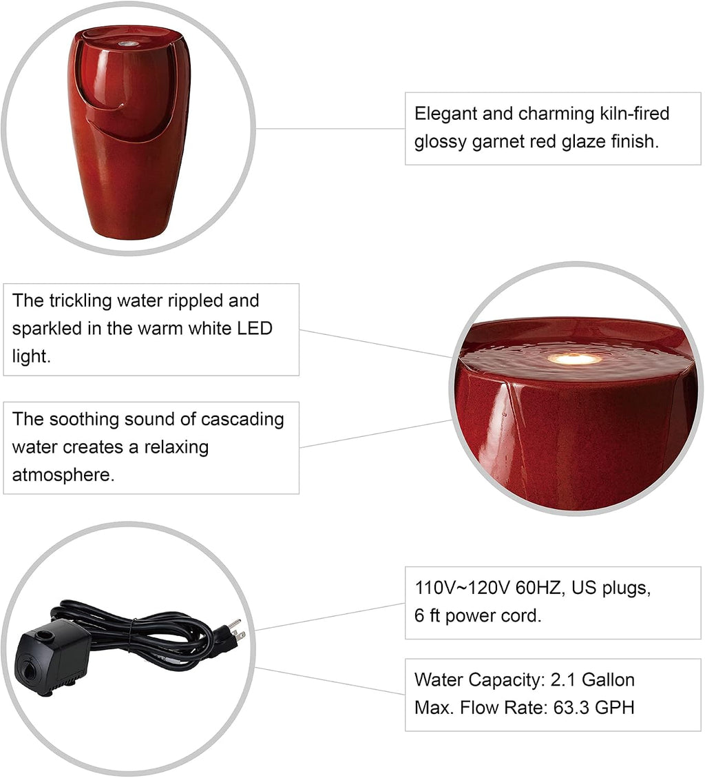 Glitzhome 21.25' H Ceramic Vase Outdoor Water Fountain Tall Patio Garden Water Fountain with LED Light and Submersible Pump Yard Art Decor, Red