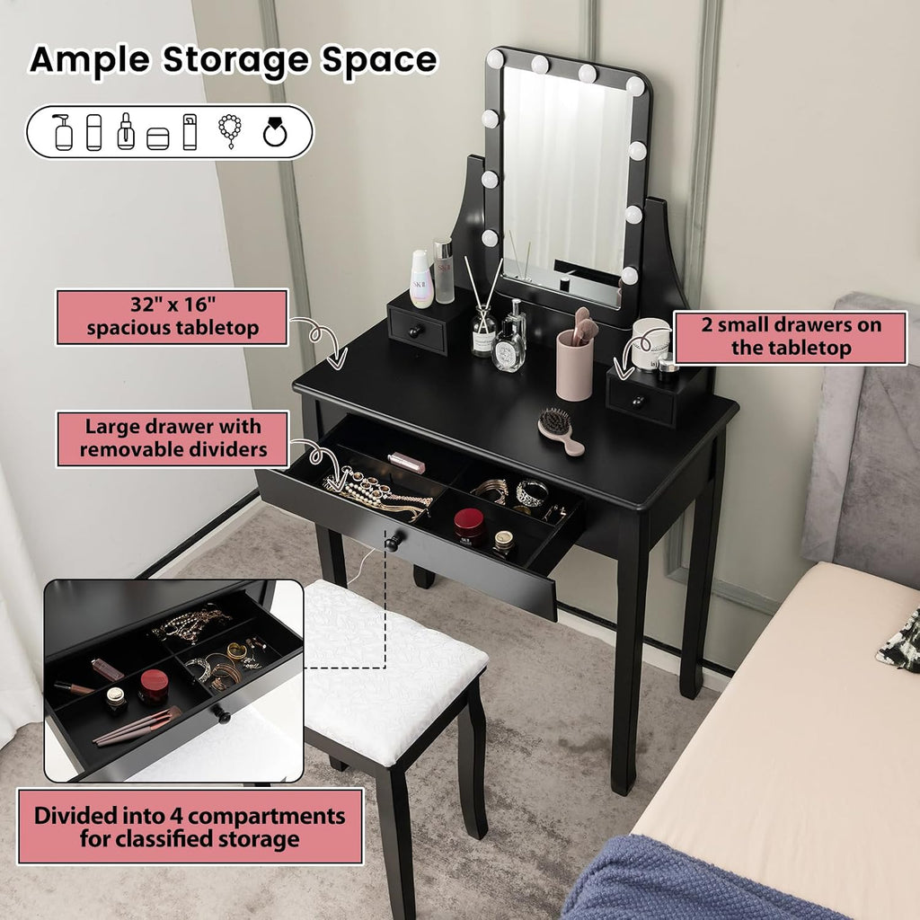 CHARMAID Makeup Vanity Desk with Lighted Mirror, 3 Color Lighting Modes, Adjustable Brightness, 3 Drawers, Removable Dividers, Bedroom Dressing Table Vanity Set with Stool for Girls Gift (Black)