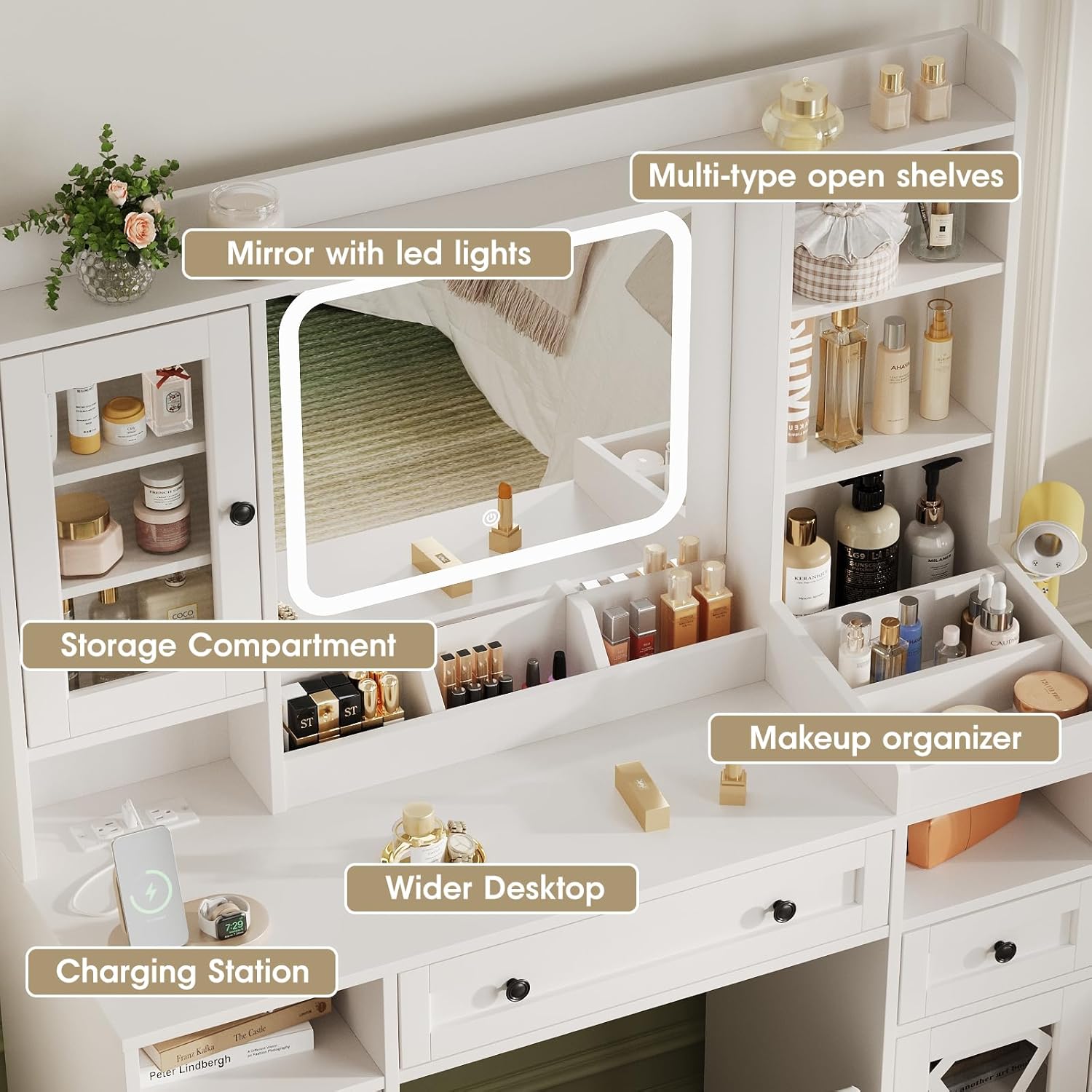 44.5' W Large Vanity Desk with Mirror,Cushioned Stool Makeup Vanity Table Set with Adjustable LED Lights and Power Outlet,Storage Drawers,Shelves for Bedroom Dressing Room White
