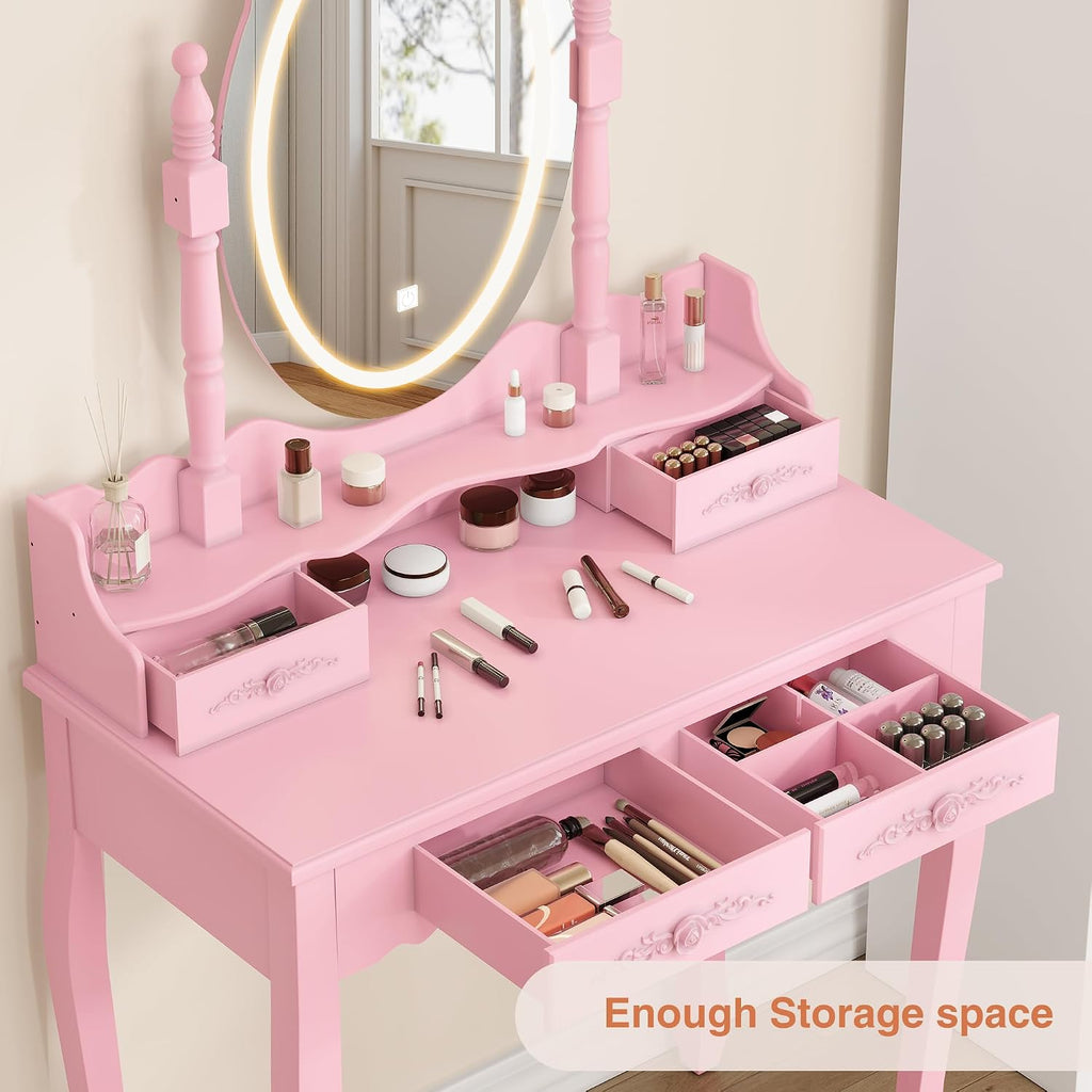 Whalefall Vanity Desk with Mirror and 3 Lights Modes, Makeup Vanity with Cushioned Stool, 4 Storage Drawers Makeup Table for Women and Girls, Bedroom or Dorm Guest Room