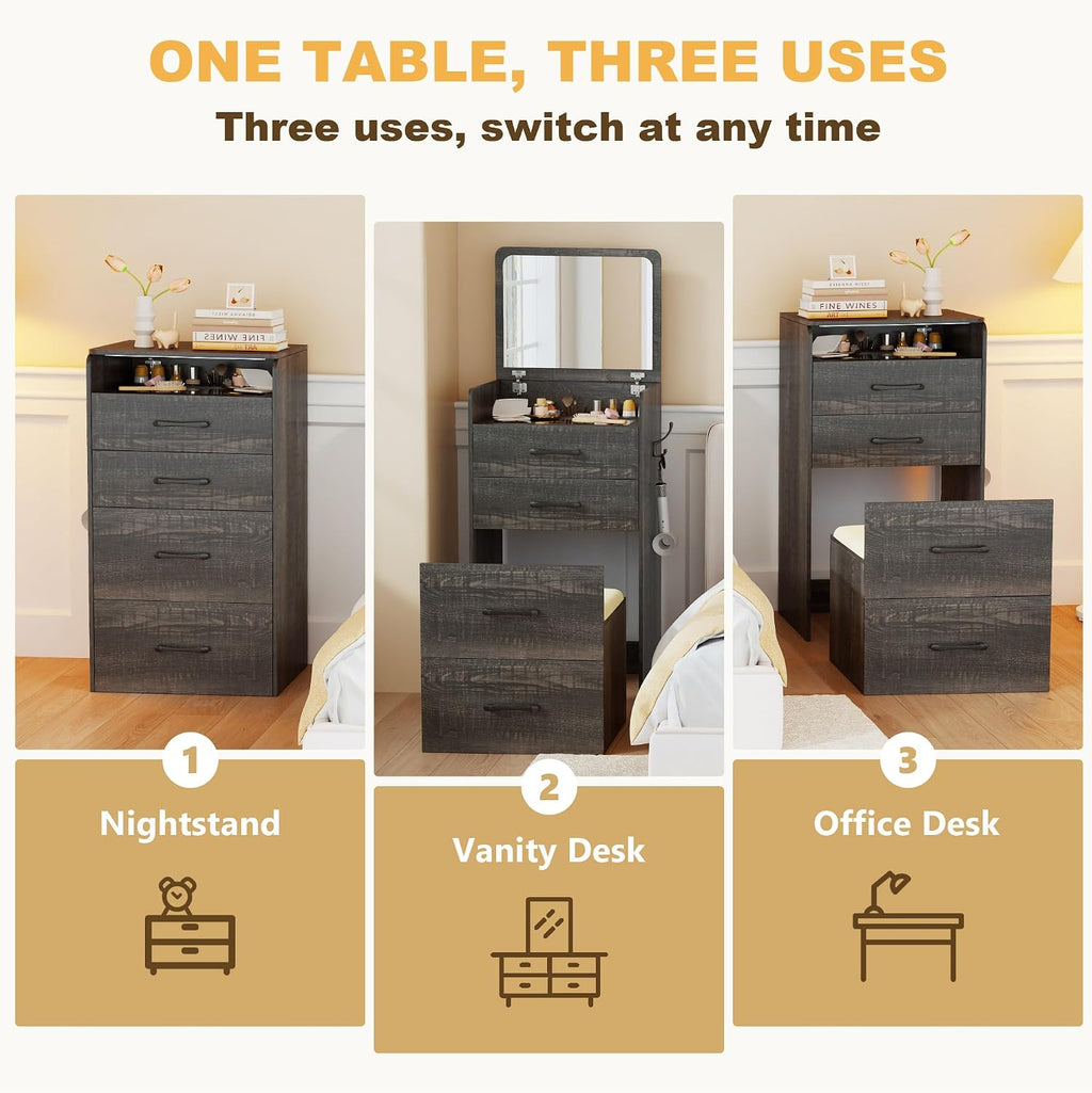 Lvifur Small 3-in-1 Vanity Desk with Mirror, Compact Makeup Table w/Cushioned Stool, Modern Grils' Dressing Table Vanity Set for Bedroom (Dark Rustic Oak)