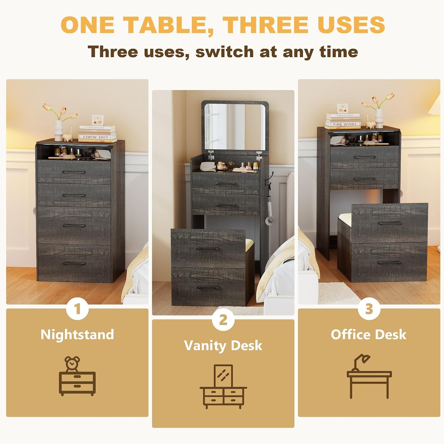 3 in 1 Make Vanity Desk with Flip Top Mirror,Glass Top Makeup Vanity Table with Cushioned Stool,Small Dressing Table with 3 Drawers,Compact Vanity Set for Apartment,Dormitory(Brown)