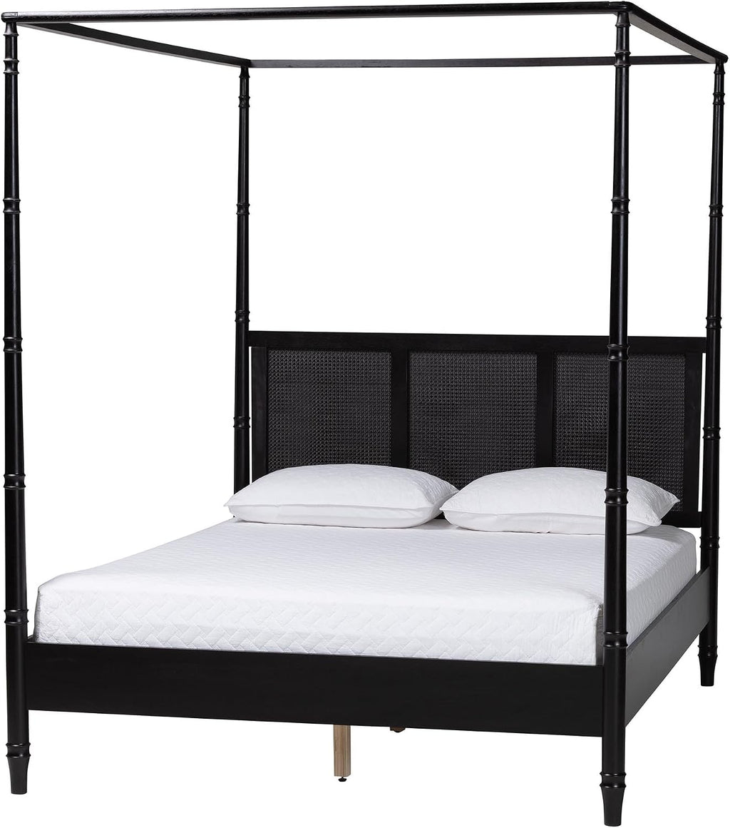 Baxton Studio Marisela 4 Piece Black Bedroom Set Rattan Headboard King