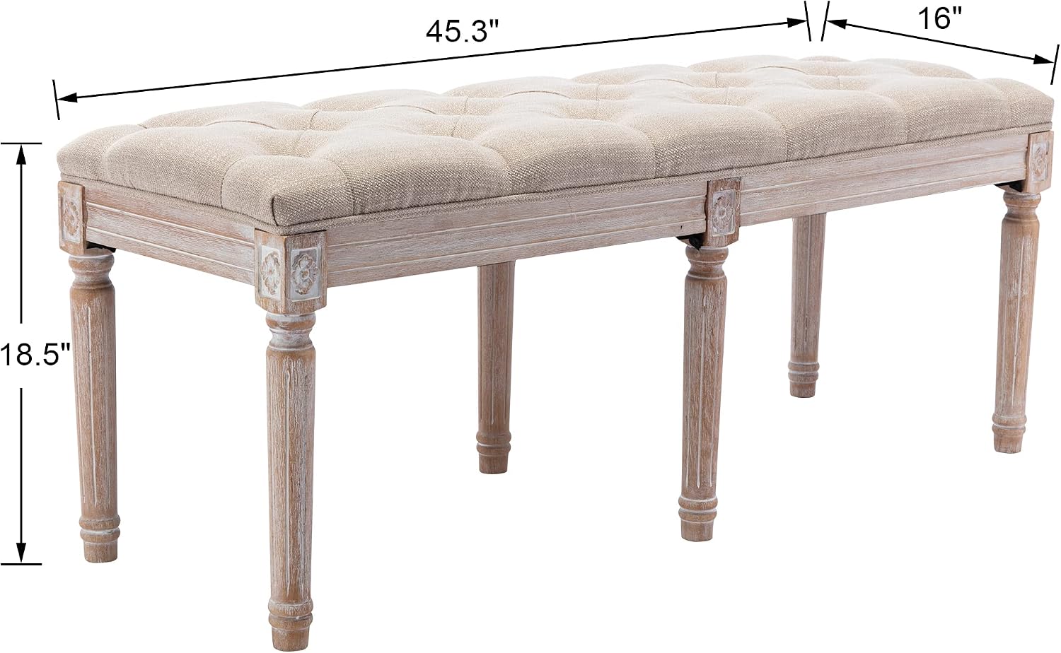 Tufted Dining Bench French Vintage Fabric Upholstered Wood Dining Room Bench Rustic Entryway Bench Bedroom End Bed Bench, Beige 45' Long