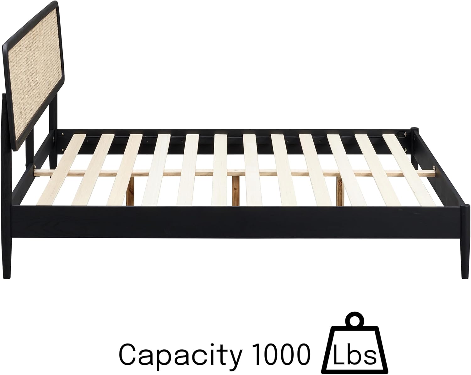 NTC Lupin Wooden Bed Frame with Headboard and Natural Rattan, Solid Oak Foundation with Silent Slats, 1000 Lb Capacity, Effortless Assembly, King - Burnt Black