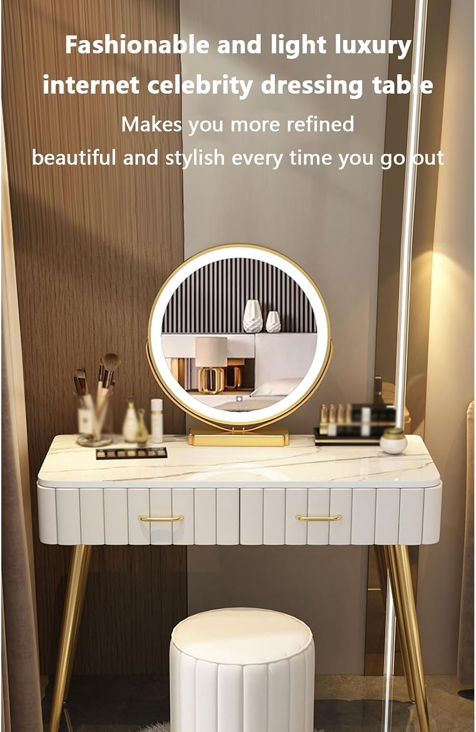 Vanity Desk with Lights Makeup Desk White Vanity with Lighted Mirror Small Vanity Desk Round Table Corner Design Wide Tabletop Stable Support Stylish Matching Suitable fo,D-80 * 40 * 76 cm