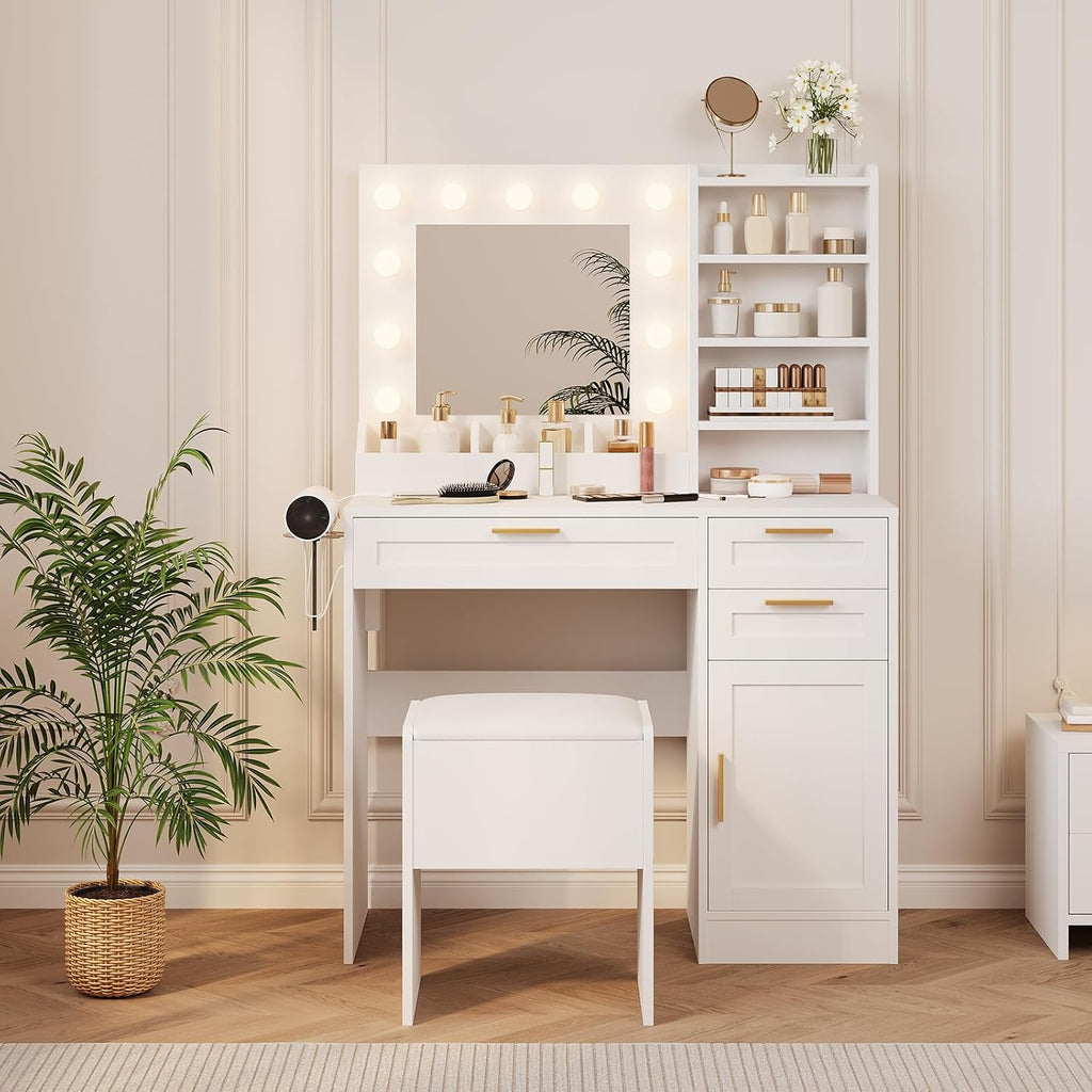 Makeup Vanity with Mirror and Lights, 37' Small Vanity Desk with Power Outlet, 3 Colors & Adjustable Brightness, White Vanity Set with 3 Drawers, Cabinet & Cushioned Chair