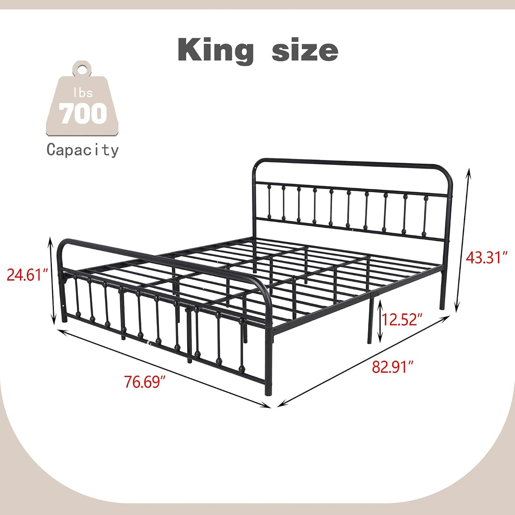 alazyhome King Size Bed Frame Classic Metal Platform Mattress Foundation with Victorian Style Iron-Art Headboard Under Bed Storage No Box Spring Needed Black