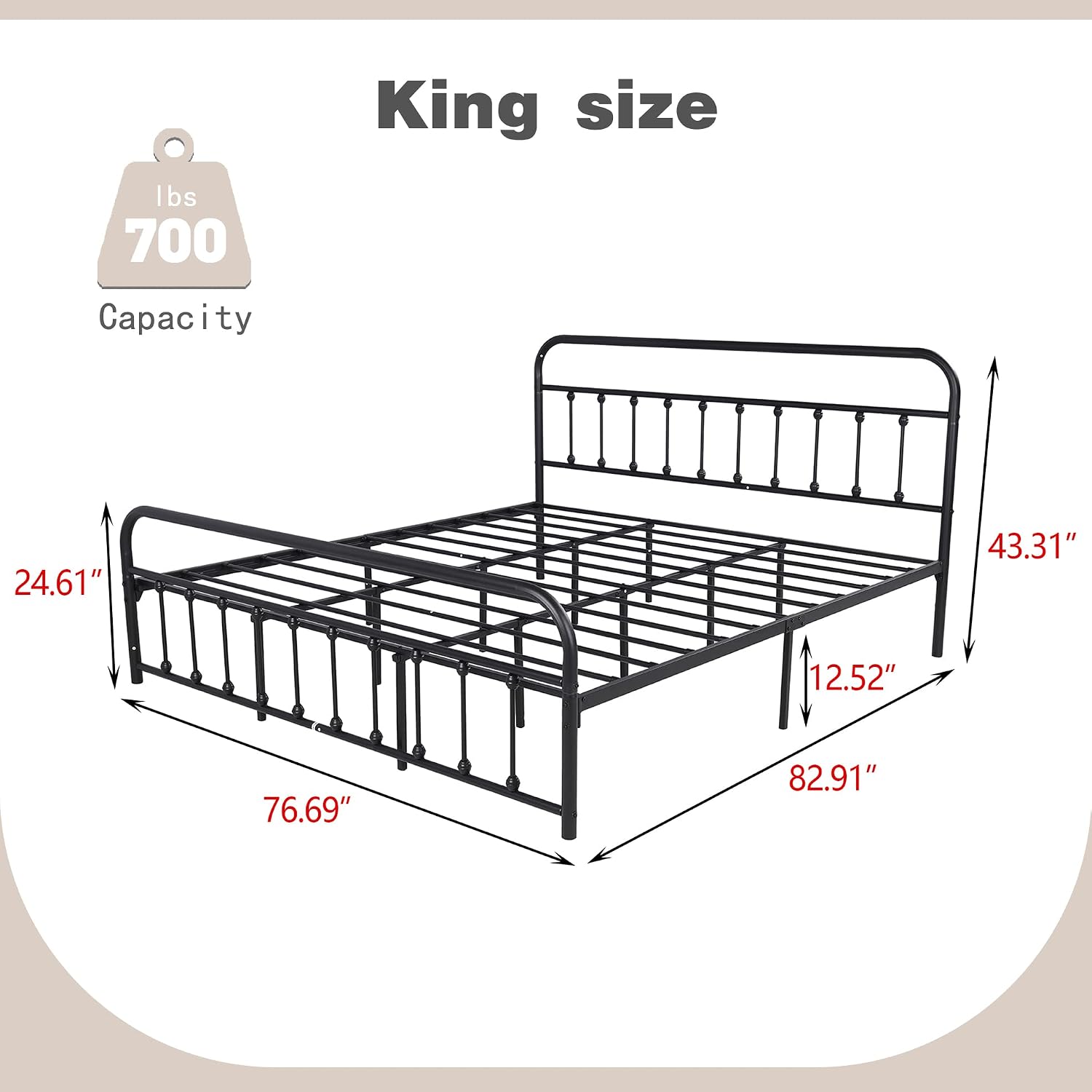 alazyhome King Size Bed Frame Classic Metal Platform Mattress Foundation with Victorian Style Iron-Art Headboard Under Bed Storage No Box Spring Needed Black