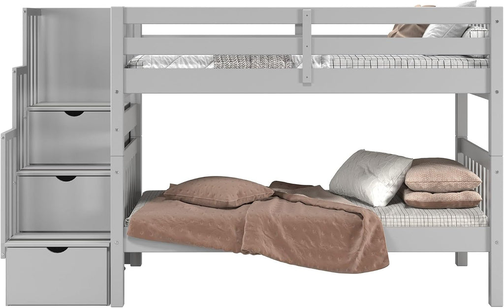 Bedz King Stairway Bunk Beds Twin Over Twin, 3 Step Drawers, Gray