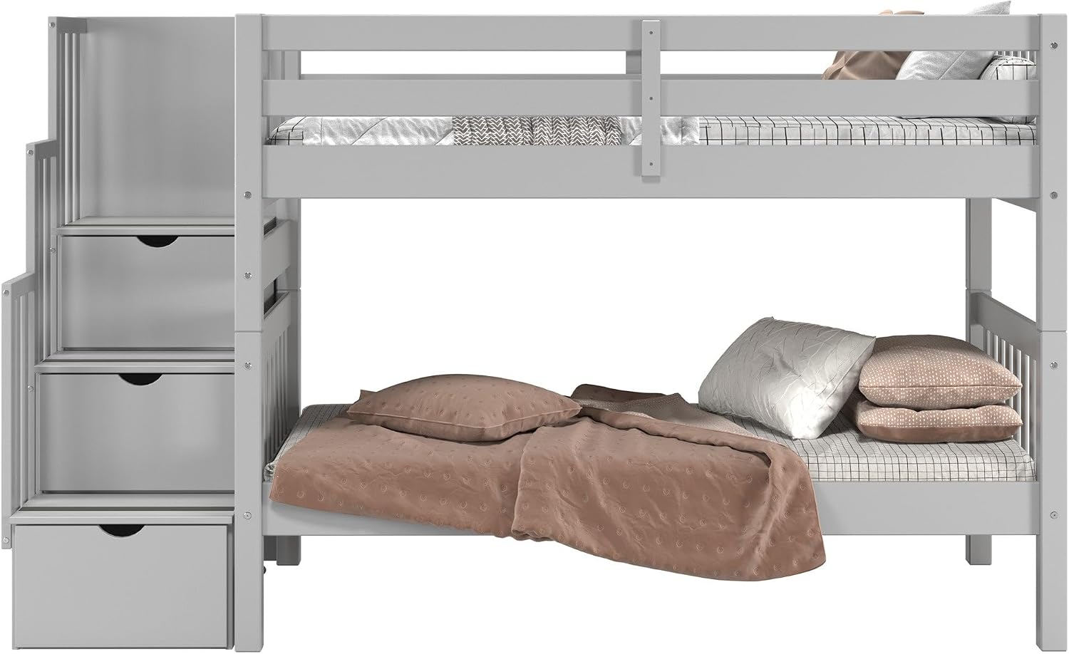 Bedz King Stairway Bunk Beds Twin Over Twin, 3 Step Drawers, Gray