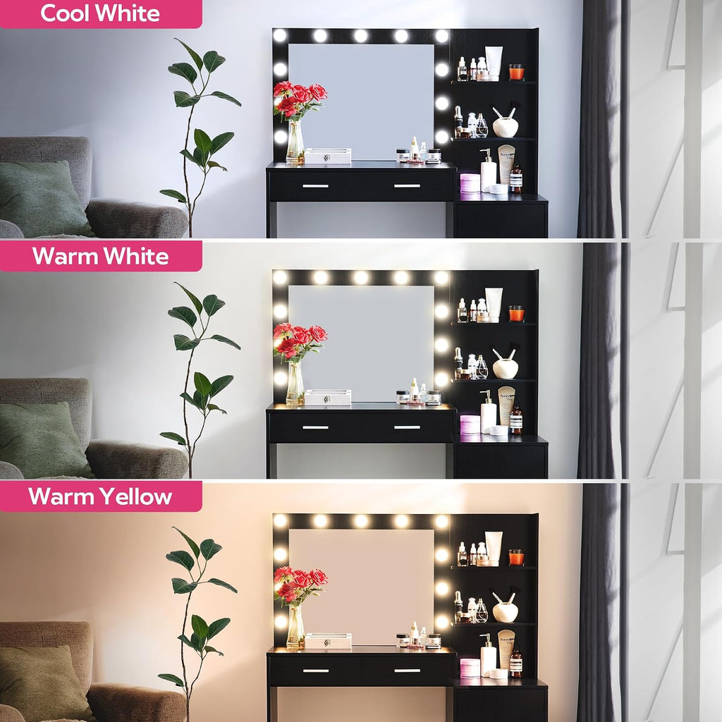 MIRROTOWEL 46.7' Vanity Desk with Mirror & LED Lights, Dressing Table with 2 Large Drawers & Vertical Organizer, 3-Tier Storage, 3 Adjustable Lighting Modes, Makeup Desk for Bedroom