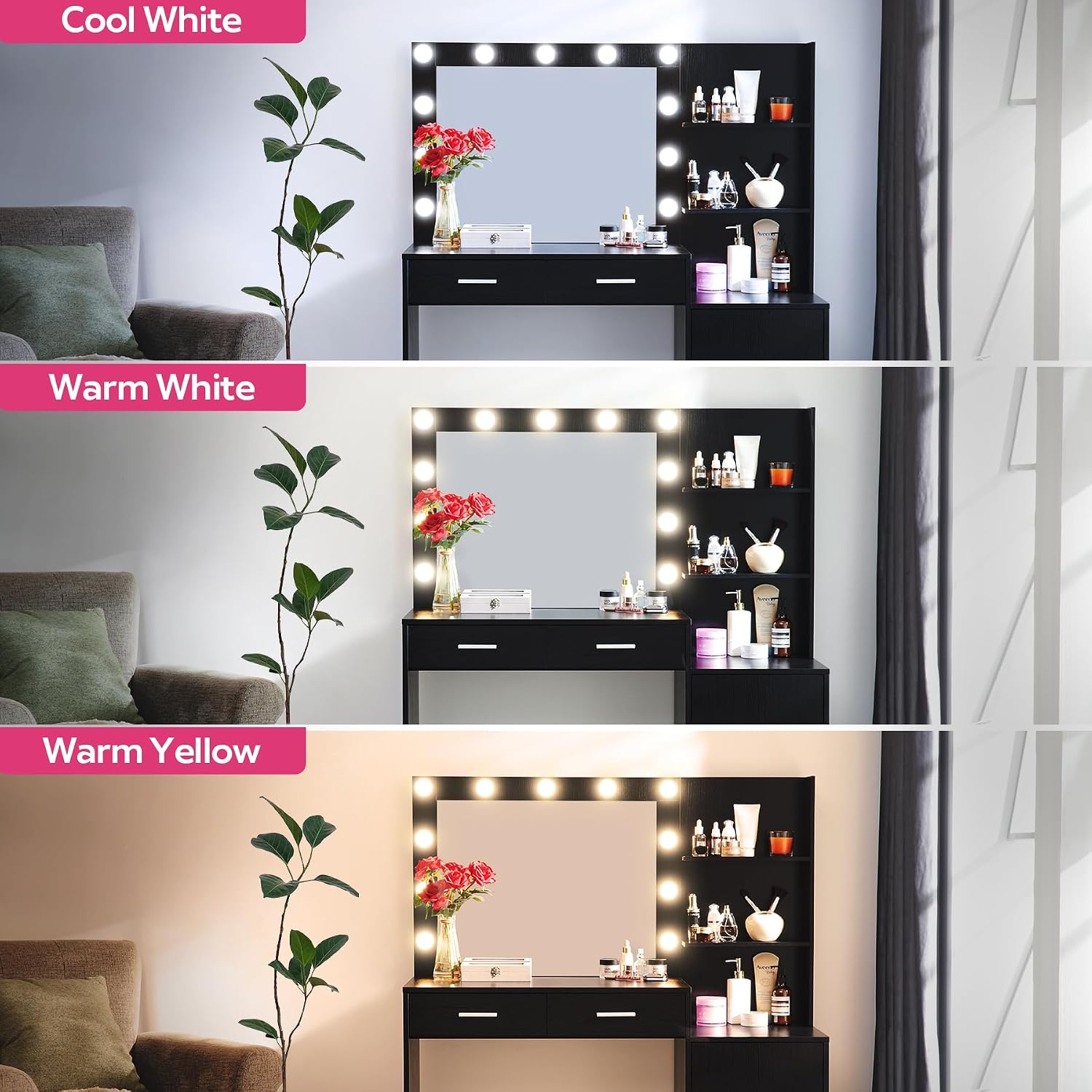 MIRROTOWEL 46.7' Vanity Desk with Mirror & LED Lights, Dressing Table with 2 Large Drawers & Vertical Organizer, 3-Tier Storage, 3 Adjustable Lighting Modes, Makeup Desk for Bedroom