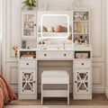 44.5' W Large Vanity Desk with Mirror,Cushioned Stool Makeup Vanity Table Set with Adjustable LED Lights and Power Outlet,Storage Drawers,Shelves for Bedroom Dressing Room White