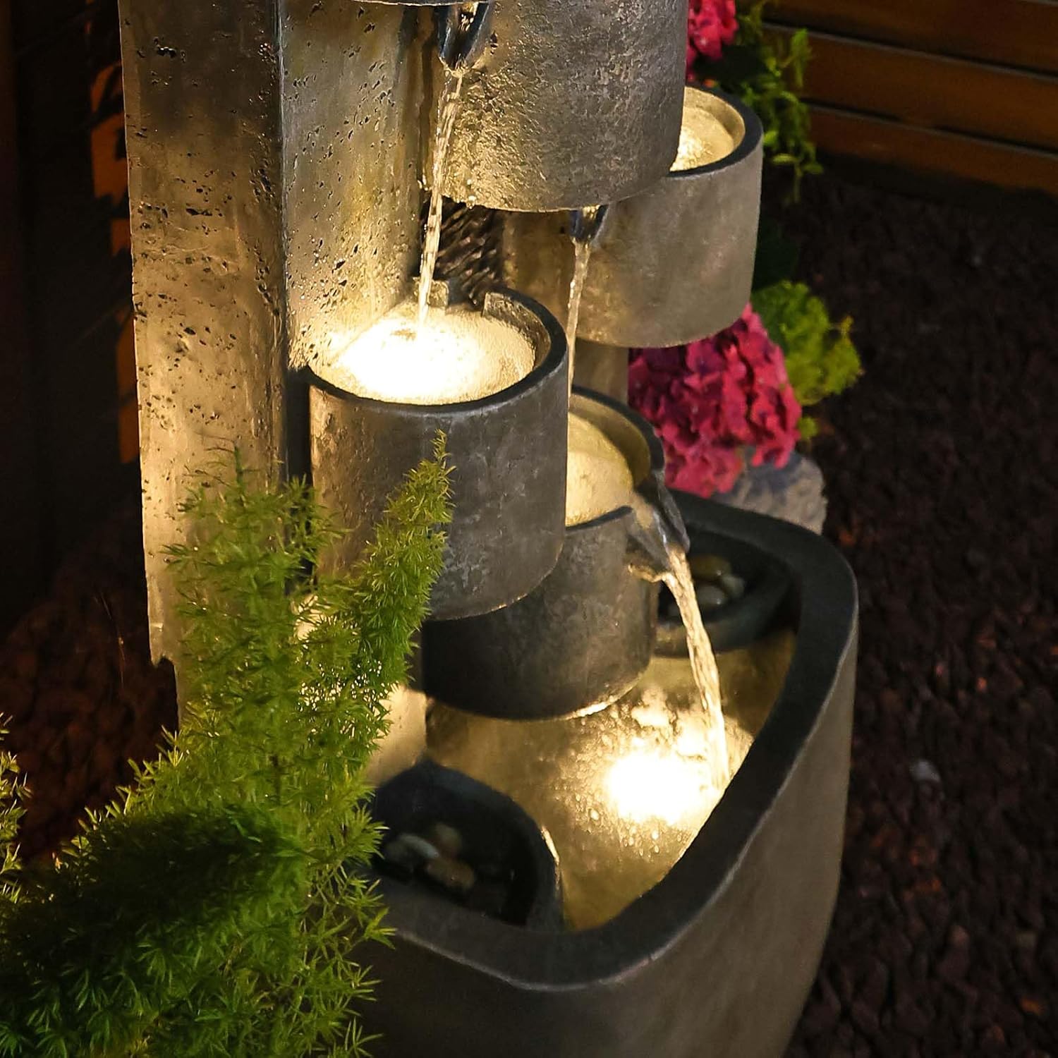 Bumilgar 44.8' H Modern Outdoor Water Fountain with LED Lights and Pump, Mutiply-Tier Standing Cascading Waterfall - Modern Design for Garden,Patio,Yard, Multi-Level Outdoor Decor (Gray)
