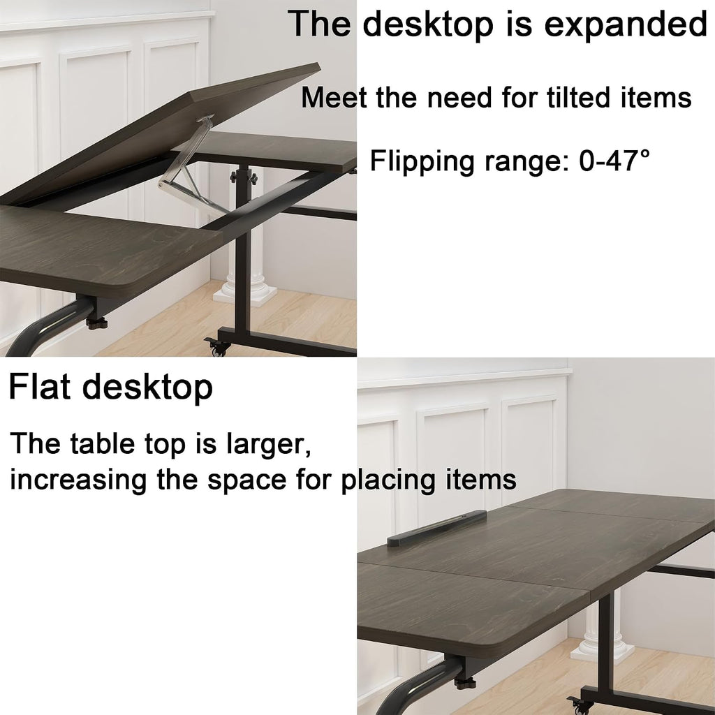 TigerDad Tilt Overbed Table with Wheels, Height Adjustable Rolling Desk for King Queen Bed, Tilting Laptop Cart Mobile Computer Workstation, Dekuwood