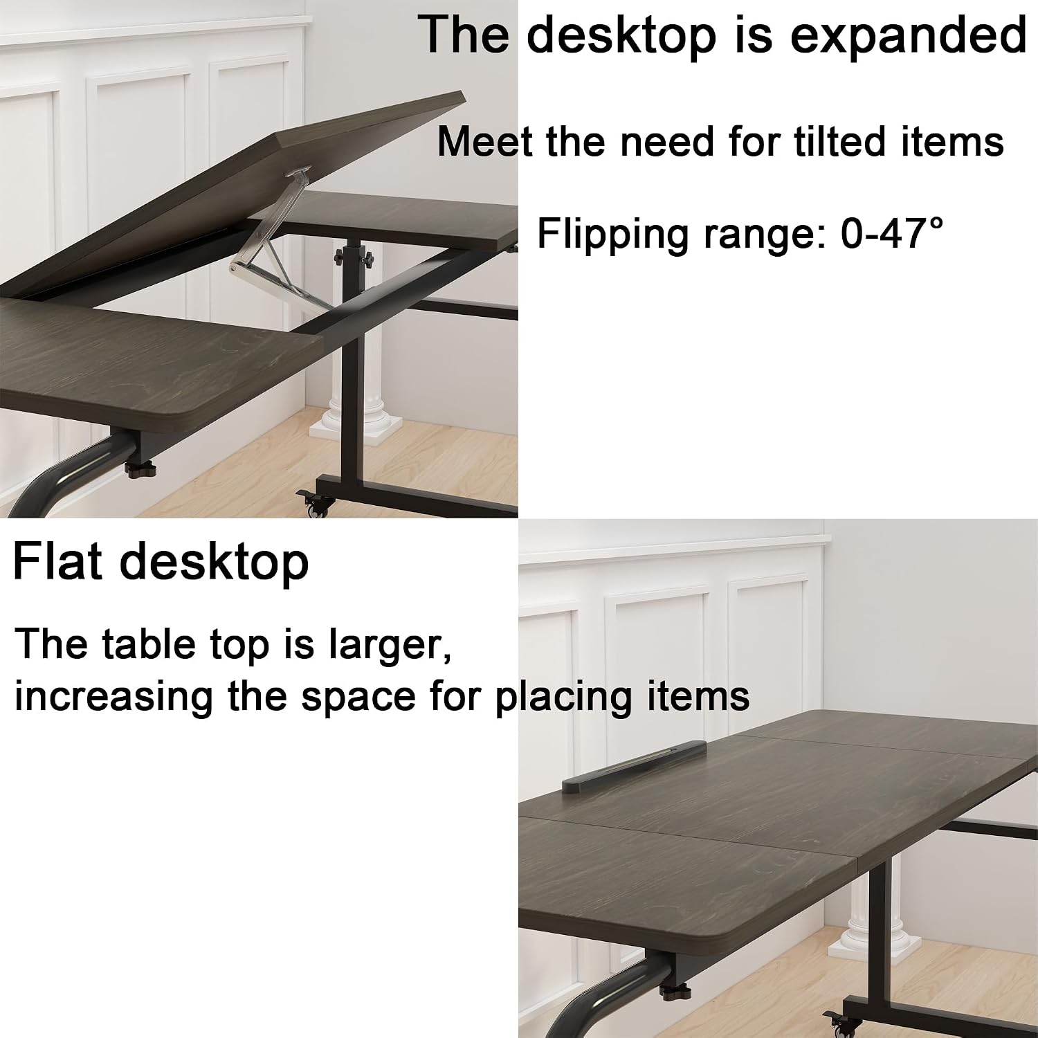 TigerDad Tilt Overbed Table with Wheels, Height Adjustable Rolling Desk for King Queen Bed, Tilting Laptop Cart Mobile Computer Workstation, Dekuwood