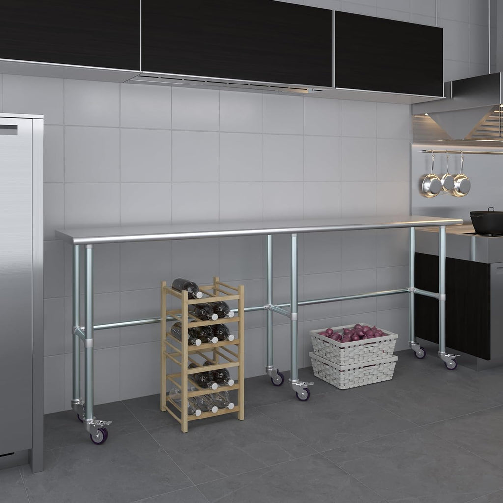 AmGood Stainless Steel Work Table Open Base & Wheels | Work Station | Metal Work Bench (Stainless Steel Work Table Open Base + Casters, 96' Long x 18' Deep)