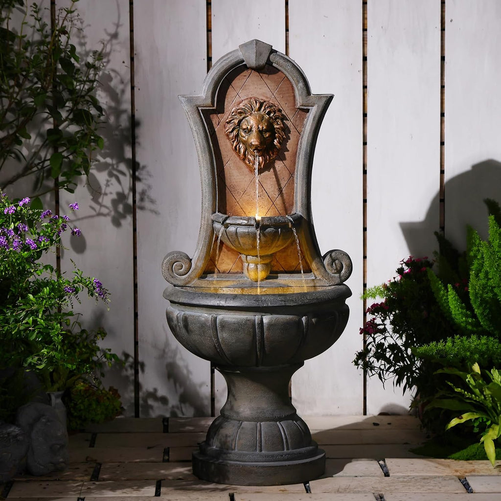 Bumilgar Outdoor Wall Fountain with LED Lights, 49.21' H Freestanding Garden Water Fountain, Large Floor Standing Patio Waterfall Feature, European Resin Flat Back Yard Courtyard Porch Décor