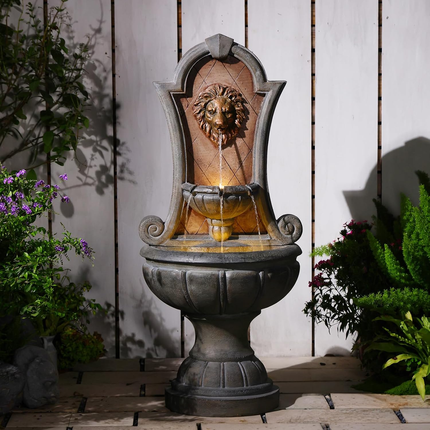 Bumilgar Outdoor Wall Fountain with LED Lights, 49.21' H Freestanding Garden Water Fountain, Large Floor Standing Patio Waterfall Feature, European Resin Flat Back Yard Courtyard Porch Décor