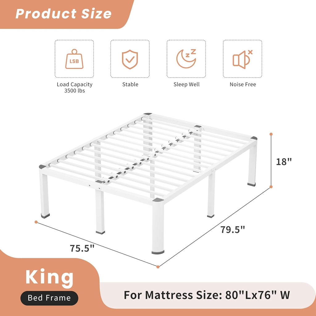 VIPSHOW 18 Inch White King Heavy Duty 3500 lbs Bed Frame with Round-Corner Legs & Anti-Squeak Design – Quick Assembly Metal Platform, No Box Spring Needed