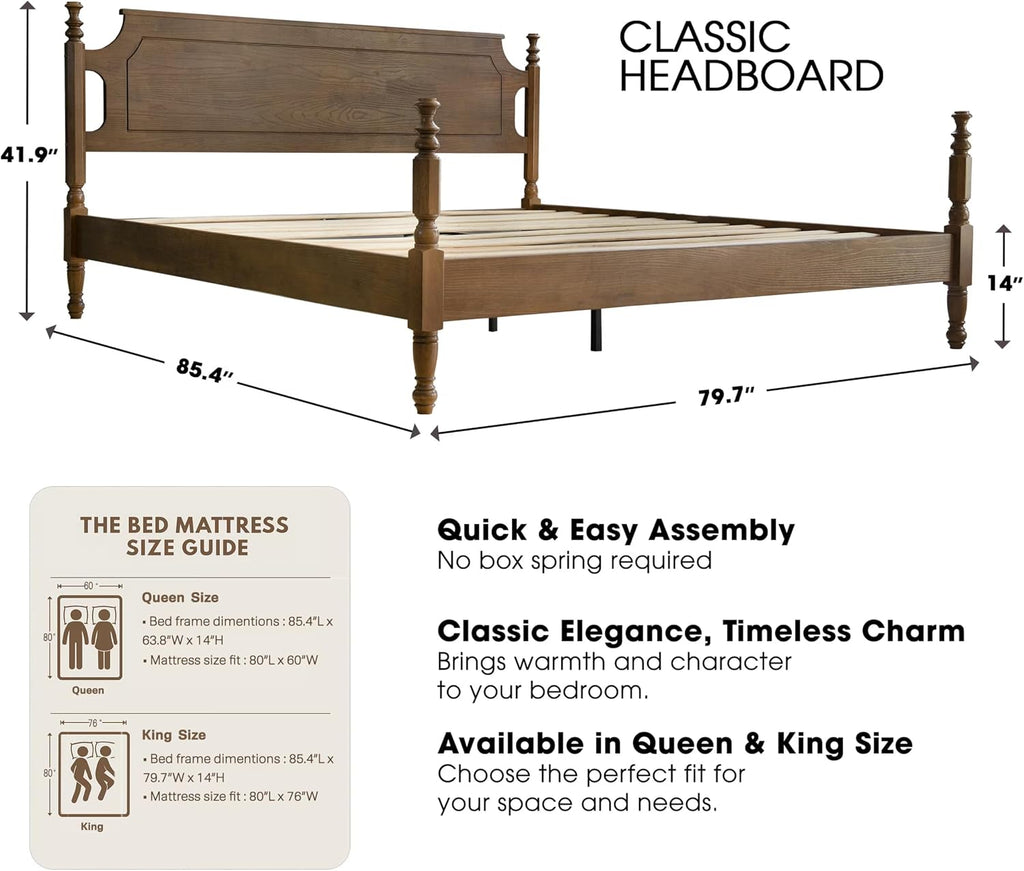 Solid Wood King Size Bed Frame with Headboard & Footboard, Platform Bed, Central Metal Legs, 12 Sturdy Slats, Under Bed Storage, Easy Assembly, Noise-Free & Anti-Slip, Barnwood Finish, ROK-30