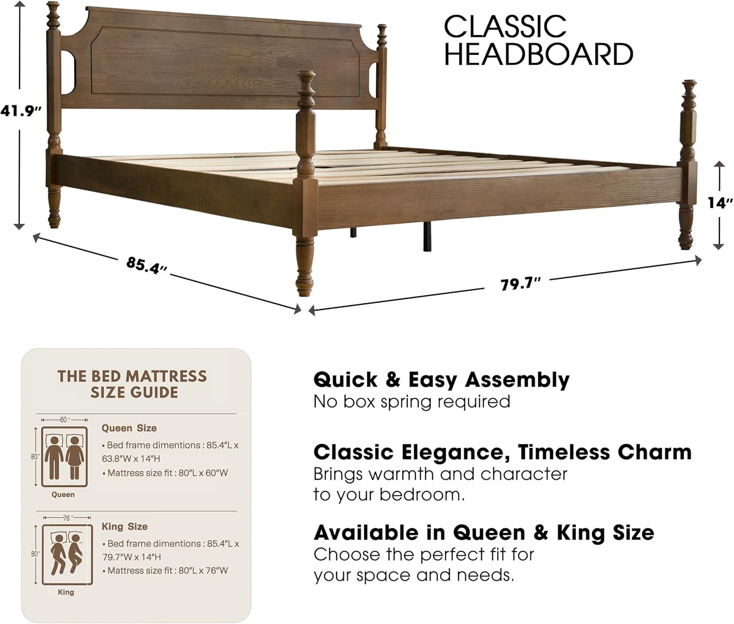 Solid Wood King Size Bed Frame with Headboard & Footboard, Platform Bed, Central Metal Legs, 12 Sturdy Slats, Under Bed Storage, Easy Assembly, Noise-Free & Anti-Slip, Barnwood Finish, ROK-30