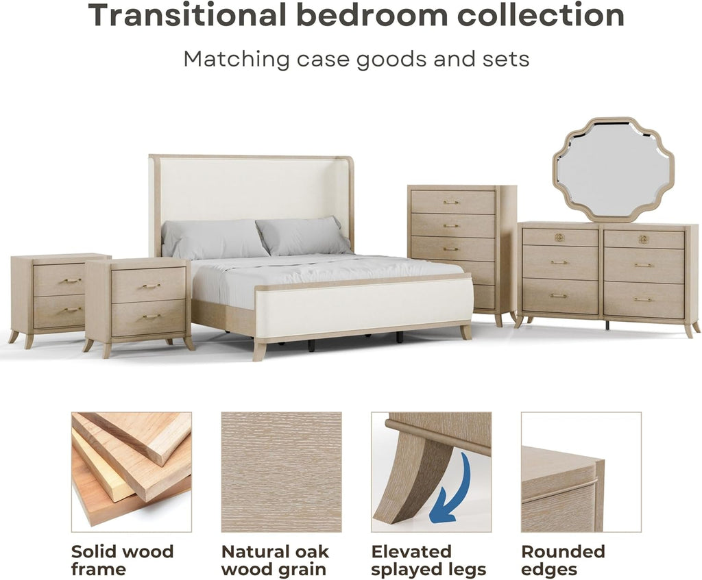 Furniture of America Saries Transitional Solid Wood 3-Piece King Panel Bedroom Set with USB Ports, Shelter Padded Headboard, Soft Curved Edges, Box Spring Needed, Natural Oak