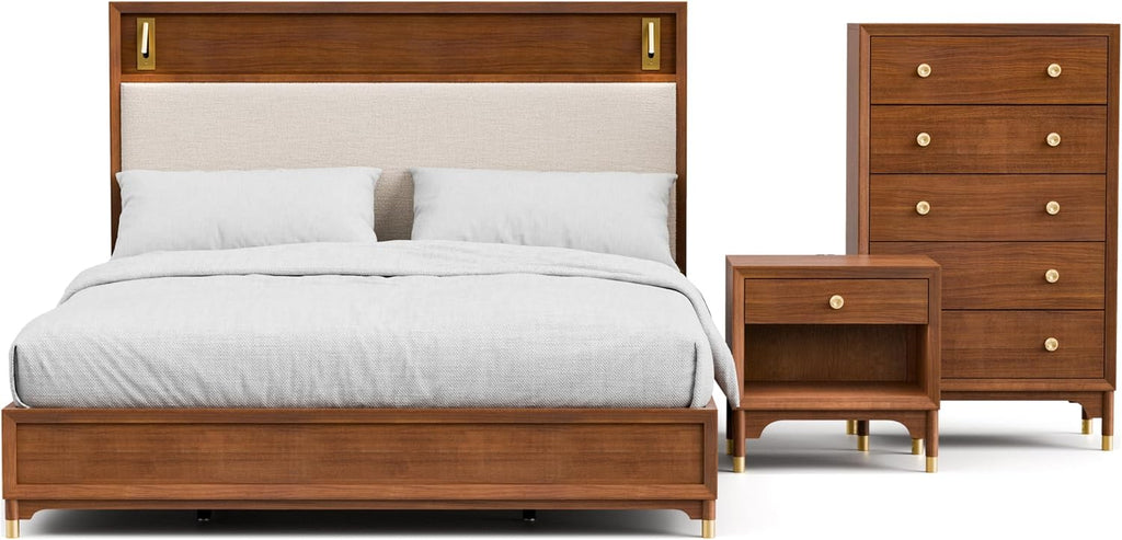 Furniture of America Forma Modern Solid Wood 3-Piece Bedroom Set with Upholstered Bed with LED Lights, Ball-Bearing Glide on Nightstand and Chest, No Box Spring Needed, King, Walnut