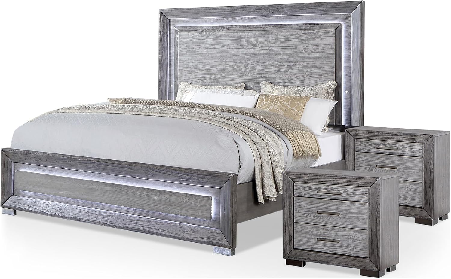 Furniture of America Isadora Transitional Solid Wood 3-Piece Bedroom Set, LED Light Bed and 2 Nightstands with USB Ports for Bedroom, Box Spring Required, California King, Gray
