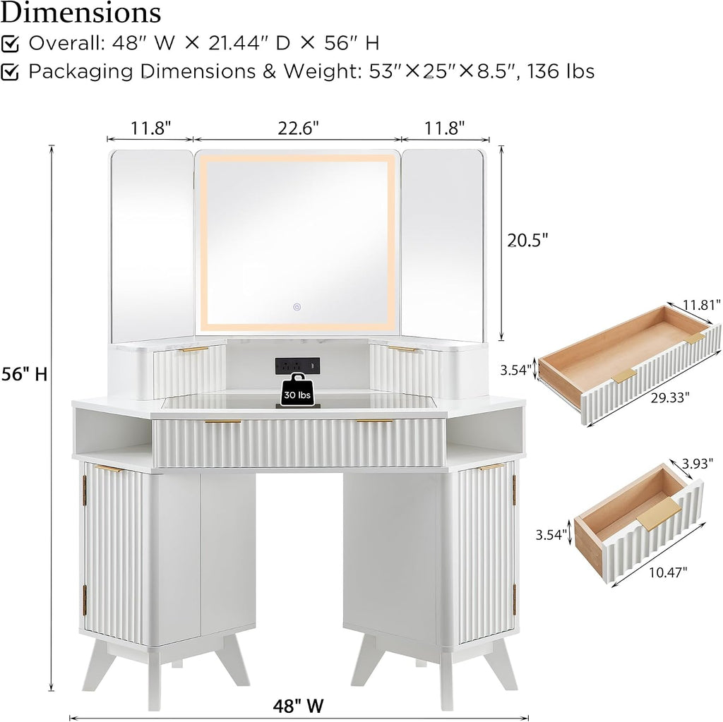 T4TREAM Fluted Makeup Vanity Desk with 3 Way Mirror and Lights, 48' Large Corner Vanity Table with Glass Top, Charging Station, 3 Drawers, Storage Cabinets & Shelves, for Bedroom, Solid White