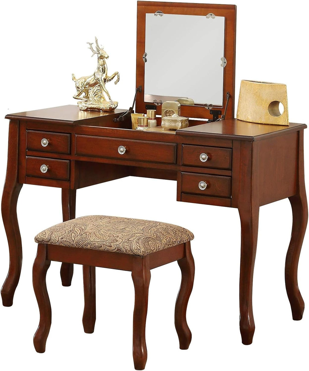 Poundex F4147 Bobkona Cailyn Flip Up Mirror vanity Set with Stool in Cherry