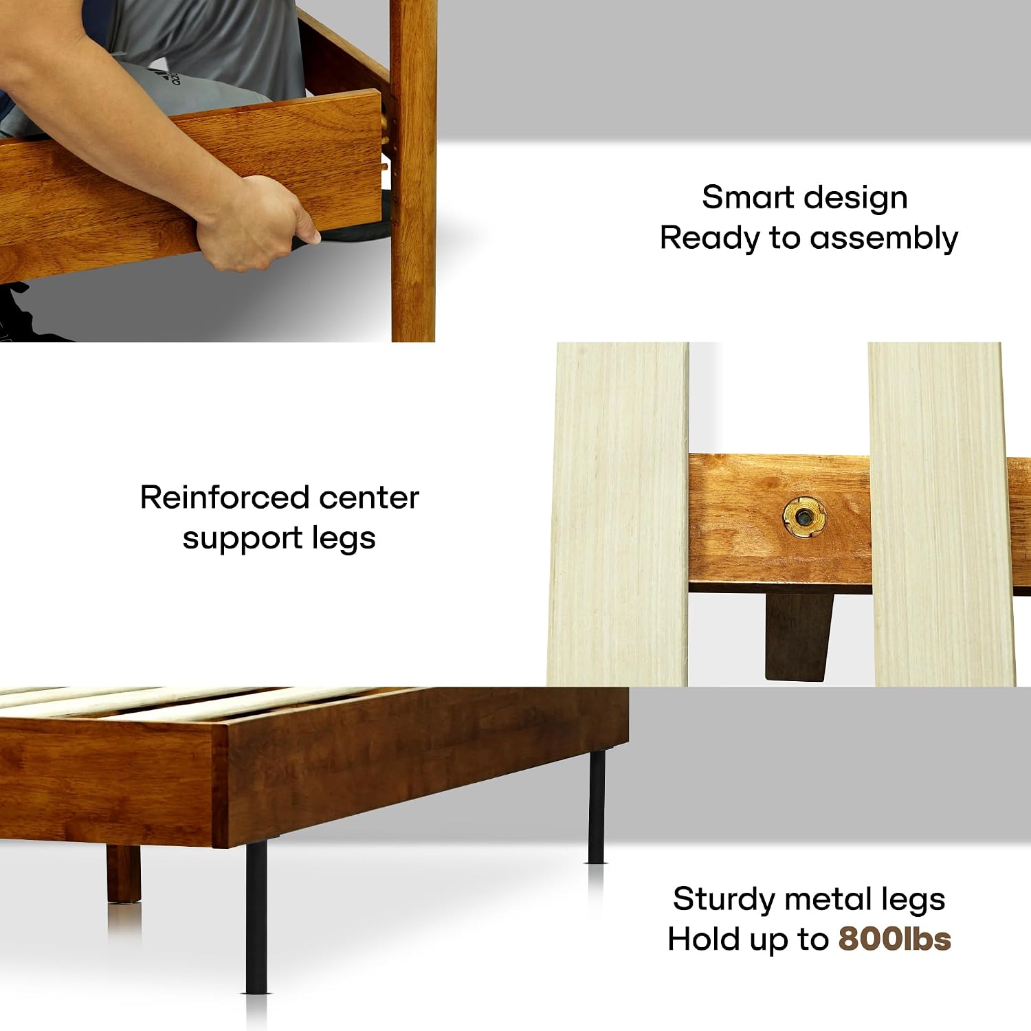 Acacia Bedroom Set - 3 Pieces Astoria Modern Platform Bed Frame with Upholstered Headboard and 2 Sofia Nightstands Set, Solid Wood Finish, King Size Beds with Nightstand with Drawer, Caramel