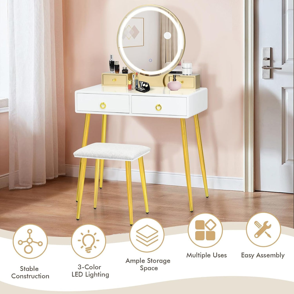 COSTWAY Vanity Table Set with Mirror and Lights, Makeup Dressing Table w/ 3 Color Lighting Modes & Adjustable Brightness, Vanity Mirror with Desk and Cushioned Stool for Women Girls (White & Gold)