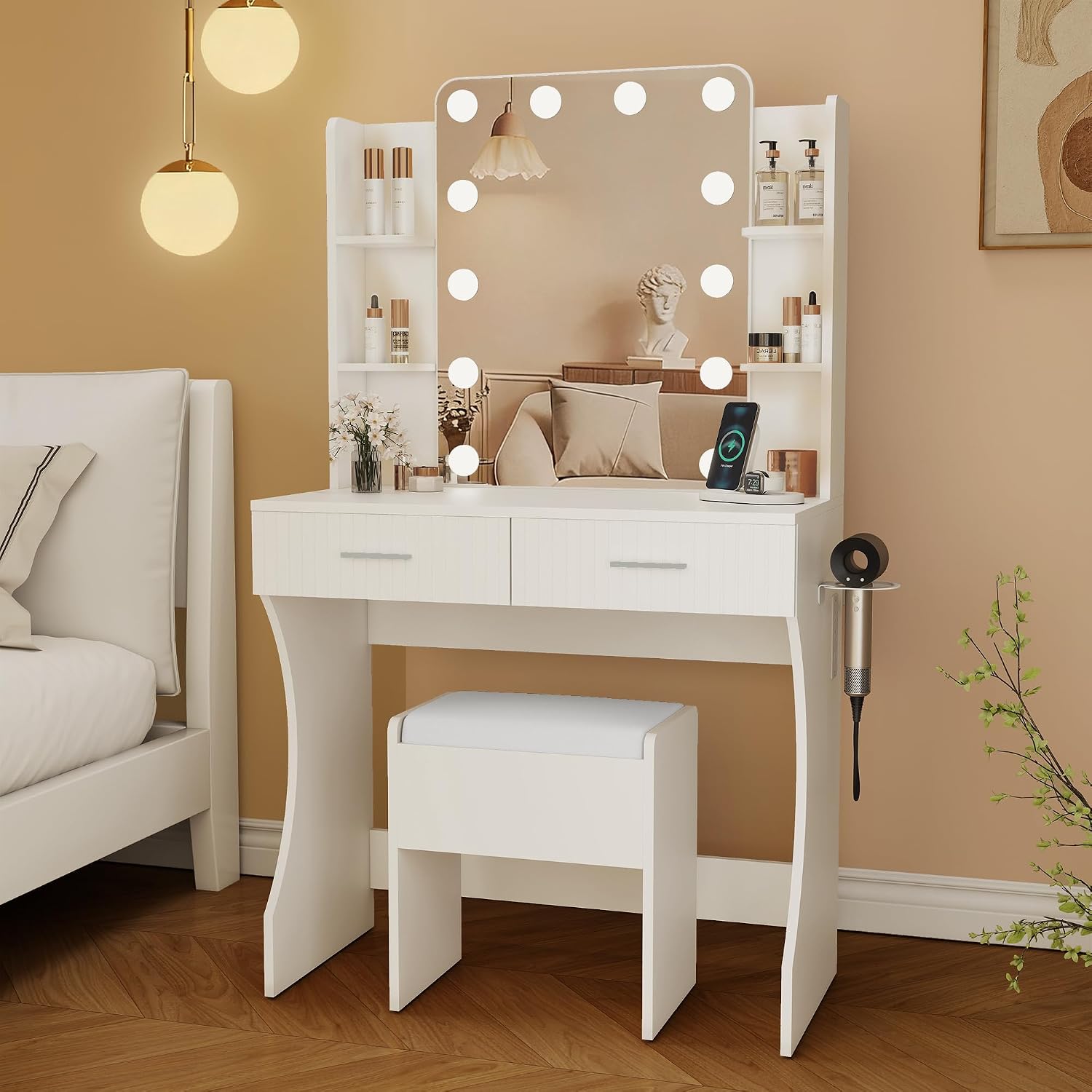 Small Vanity Desk with Mirror and Lights, Makeup Vanity Desk with 3 Color Modes Adjustable Bulb, 2 Large Drawers and 4 Open Storage Shelves, White Vanity with Charging Station for Bedroom