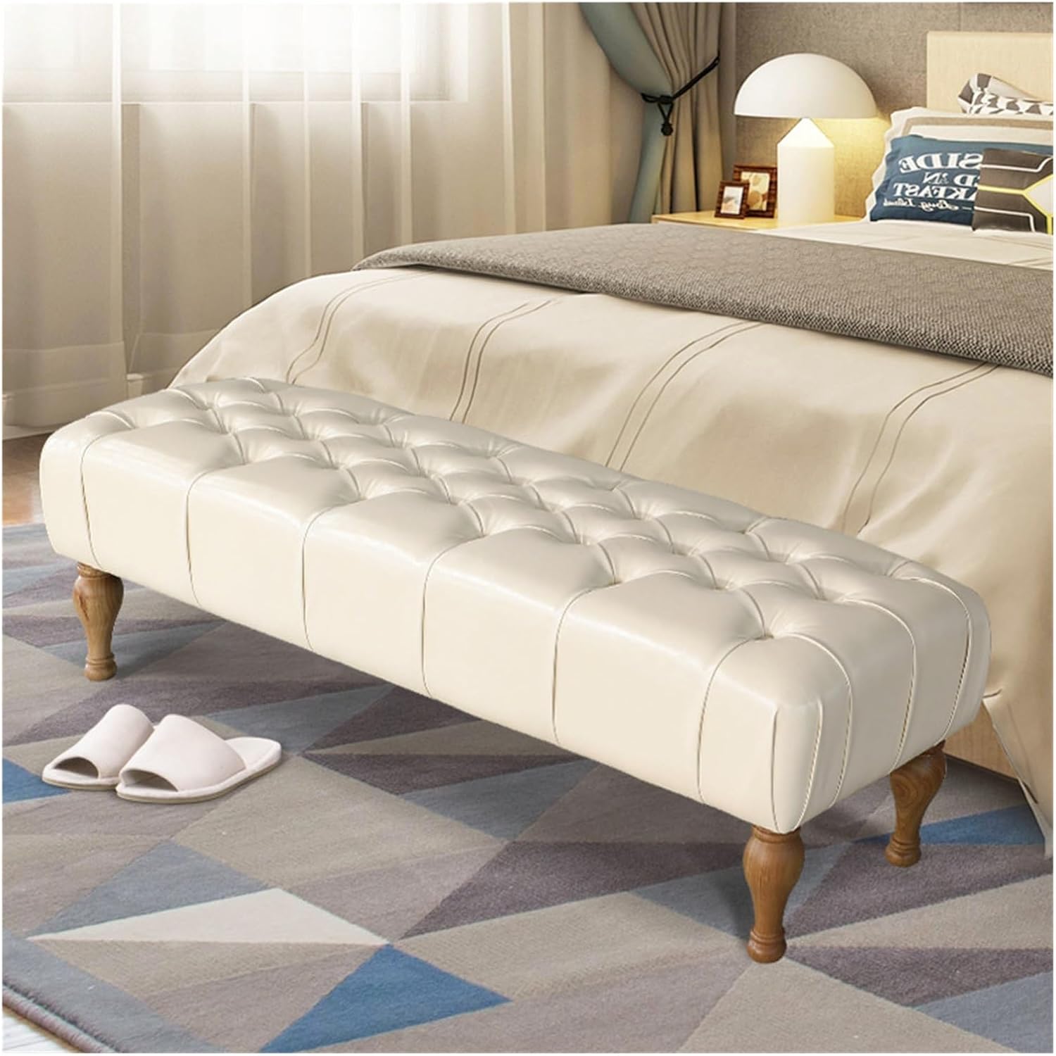 uP9sF2mD Bench for Bedroom Upholstered Bench,Bedroom for End of Bed,Piano Dining Entryway Shoe with Button Tufted Padded Seat for Living Room, Vanity Foot-Stool with Wood Legs End of Bed Bench(Beige)