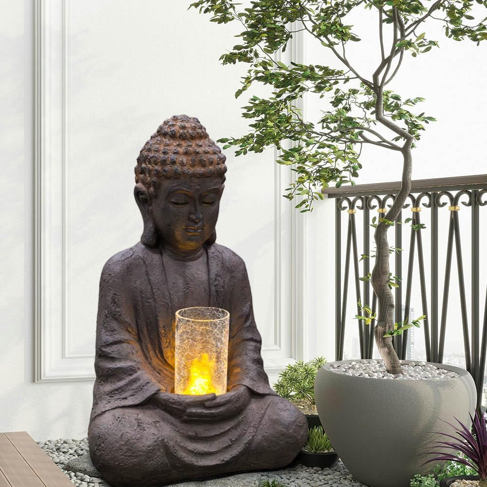 24' H Buddha Water Fountain Sitting Buddha Zen Fountain with Glass Cover and LED Light Meditation Indoor/Outdoor Decor for Garden Patio Yard Home Lawn