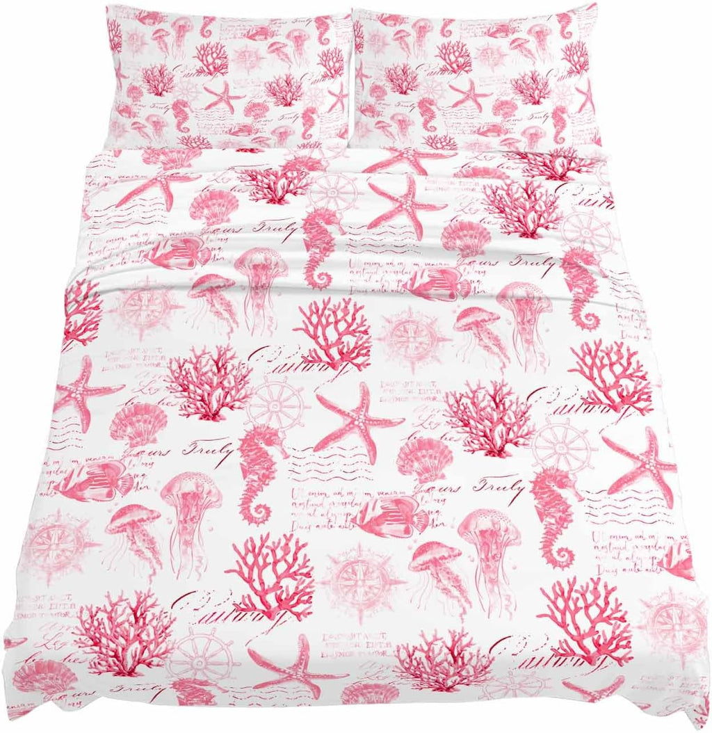 Pink Ocean Coastal Cal King Sheet Set 4 Piece Bedding - Nautical Starfish Jellyfish Coral Breathable Comfy Cooling Bed Sheets & Pillowcase Sets,Hotel Luxury Flat Sheets Deep Pockets Fitted Sheet