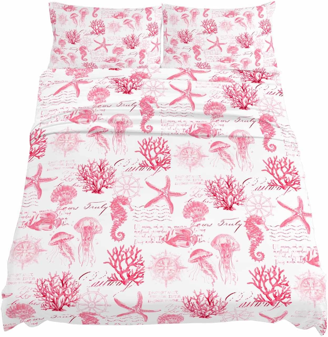 Pink Ocean Coastal Cal King Sheet Set 4 Piece Bedding - Nautical Starfish Jellyfish Coral Breathable Comfy Cooling Bed Sheets & Pillowcase Sets,Hotel Luxury Flat Sheets Deep Pockets Fitted Sheet