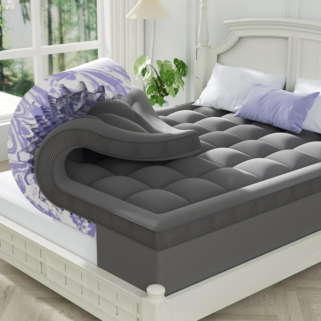 ChiXpace Dual Layer 4 Inch Memory Foam Mattress Topper Full - 2 Inch Gel Memory Foam and 2 Inch Pillow Top Mattress Pad, 7-Zone Egg Crate Full Size Mattress Topper (Grey)
