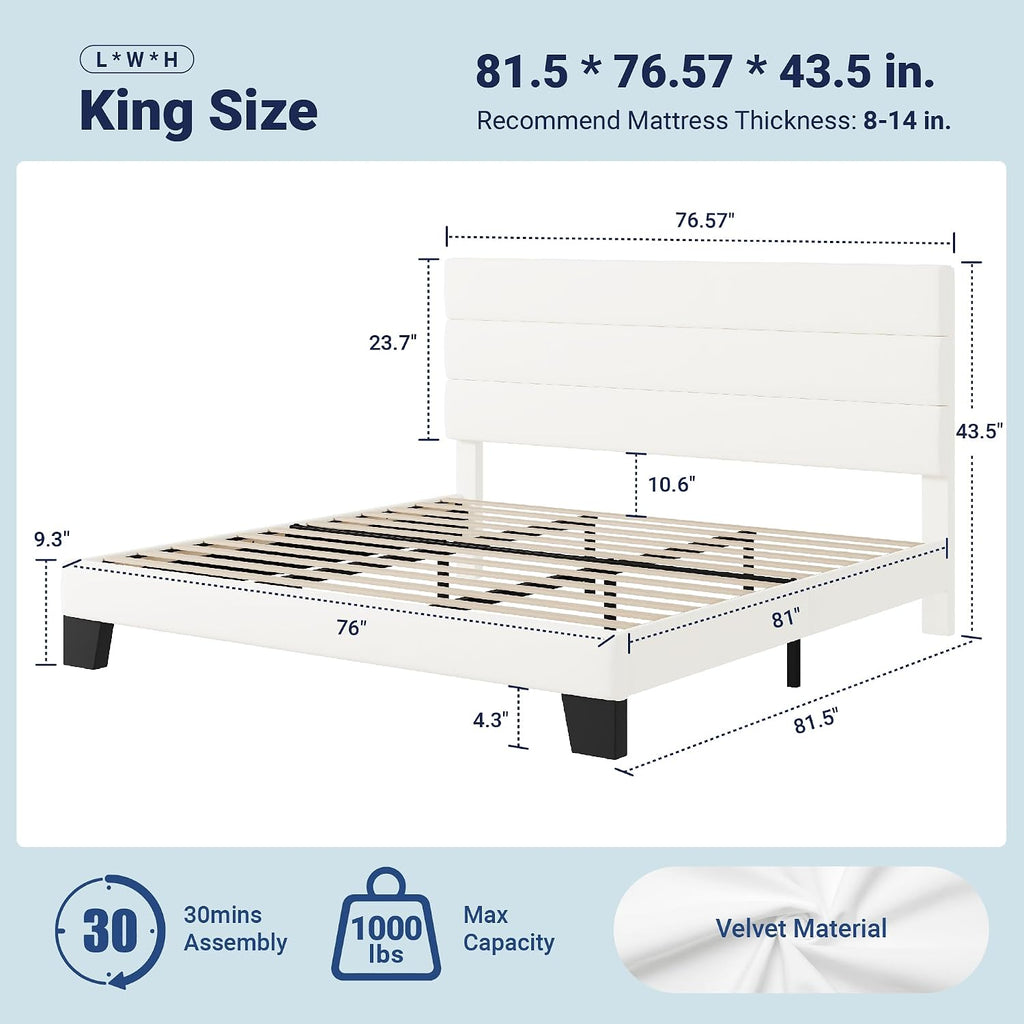 Allewie King Size Platform Bed Frame with Velvet Upholstered Headboard and Wooden Slats Support, Fully Upholstered Mattress Foundation/No Box Spring Needed/Easy Assembly, White