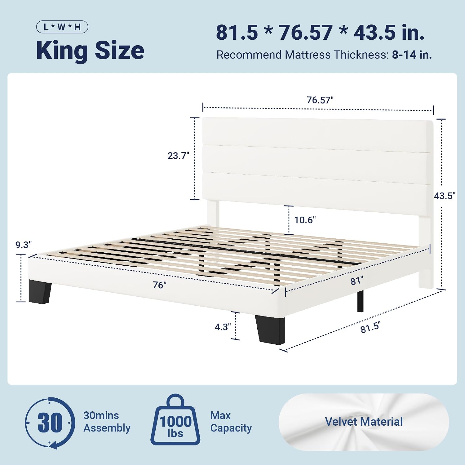 Allewie King Size Platform Bed Frame with Velvet Upholstered Headboard and Wooden Slats Support, Fully Upholstered Mattress Foundation/No Box Spring Needed/Easy Assembly, White