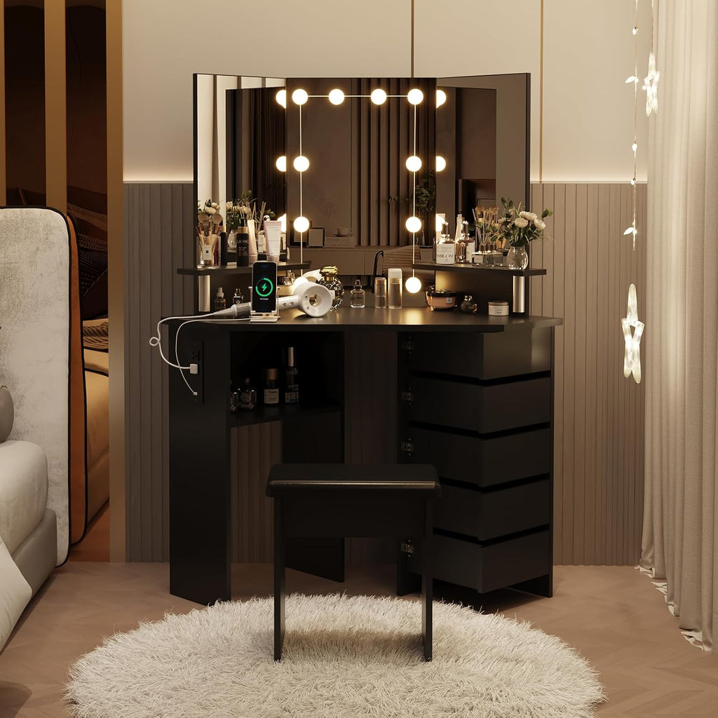 Makeup Vanity Desk with Lights & Power Outlet, Corner Vanity Table with 5 Rotating Drawers,3 Color Lighting, Brightness Adjustable, Shelves and Stool, Dressing Table for Women Girls