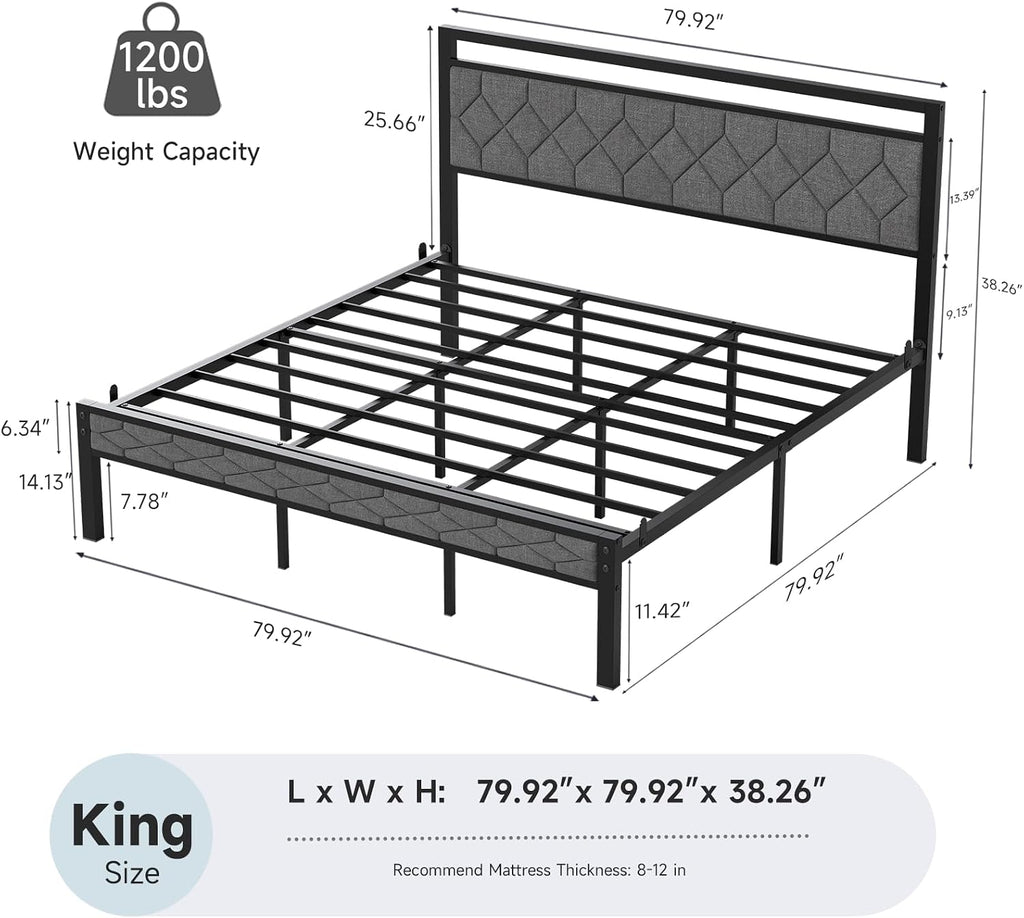Z-hom King Size Bed Frame, King Bed Frame with Upholstered Headboard, Metal Platform Beds Solid and Stable, Grey, Noise Free, Easy Assembly, No Box Spring Needed
