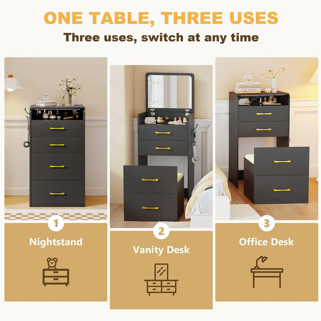 3 in 1 Make Vanity Desk with Flip Top Mirror,Glass Top Makeup Vanity Table with Cushioned Stool,Small Dressing Table with 3 Drawers,Compact Vanity Set for Apartment,Dormitory(Black)