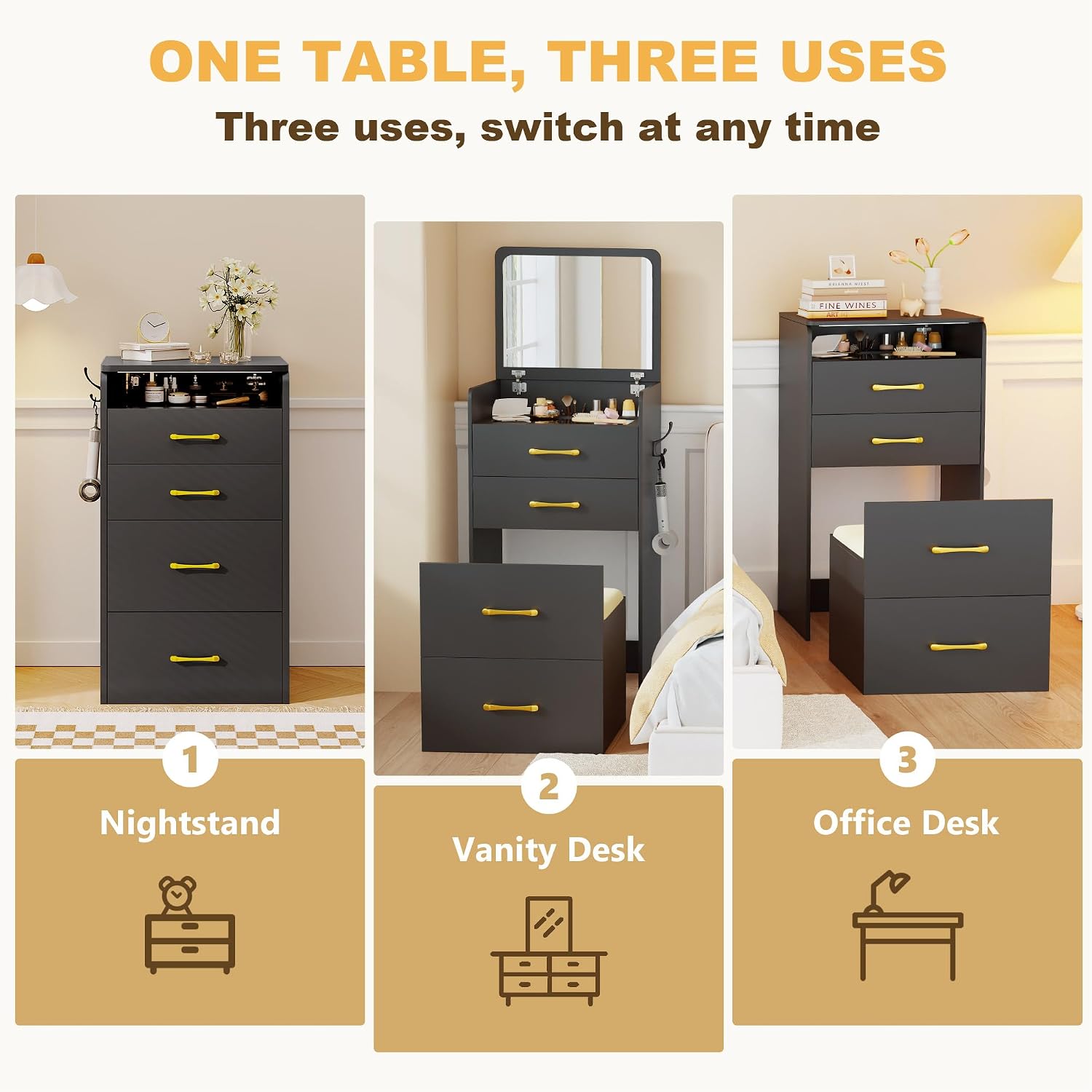 3 in 1 Make Vanity Desk with Flip Top Mirror,Glass Top Makeup Vanity Table with Cushioned Stool,Small Dressing Table with 3 Drawers,Compact Vanity Set for Apartment,Dormitory(Black)