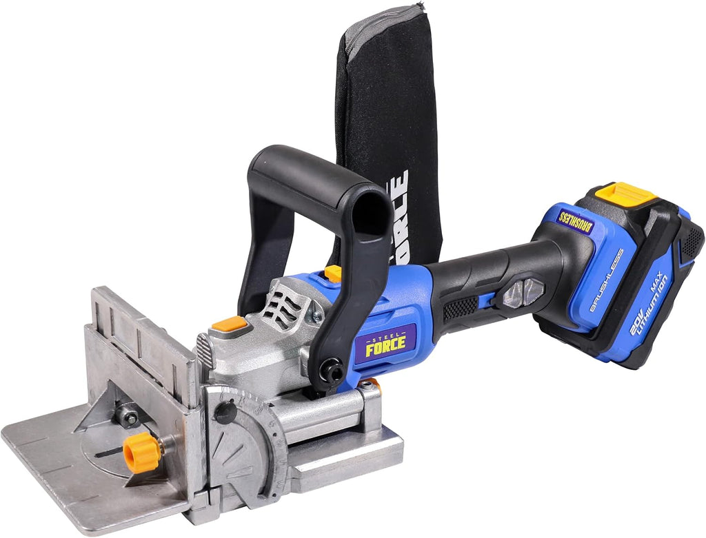 Steel Force BJ184 Wood Biscuit Plate Joiner 4' Brushless Cordless with 20V 5.0Ah Battery and Charger, 8mm 5/16' Dilling Bits, Up to 1-1/2' Drilling Depth