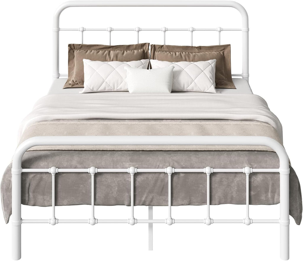 SHA CERLIN Full Size Bed Frame Metal Platform Bed with Vintage Style Headboard and Footboard, Heavy Duty Mattress Foundation, No Box Spring Needed, Easy Assembly, White