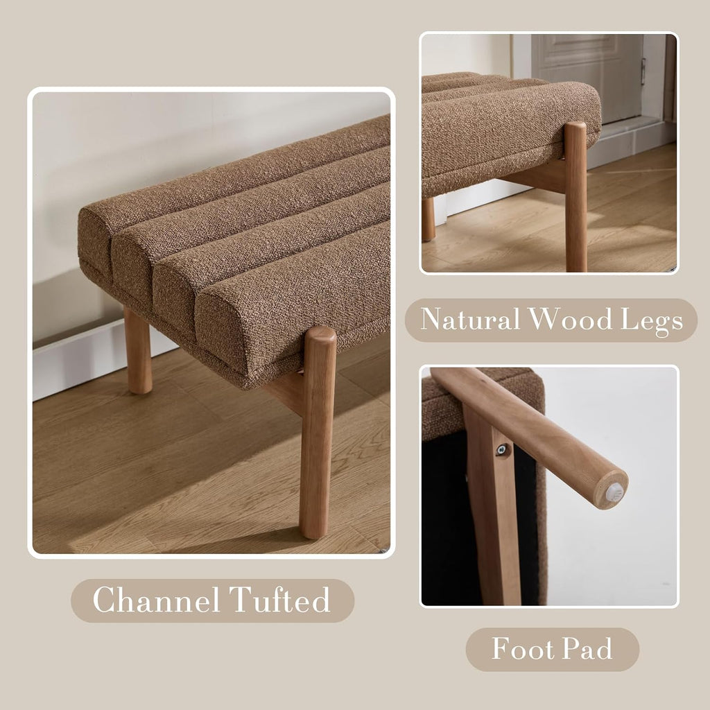 47' Modern Upholstered End of Bed Bench, Brown Chenille Channel Tufted Entryway Bench with Wood Legs, Comfy Bedroom Bench Long Ottoman for Living Room Hallway Vanity Room